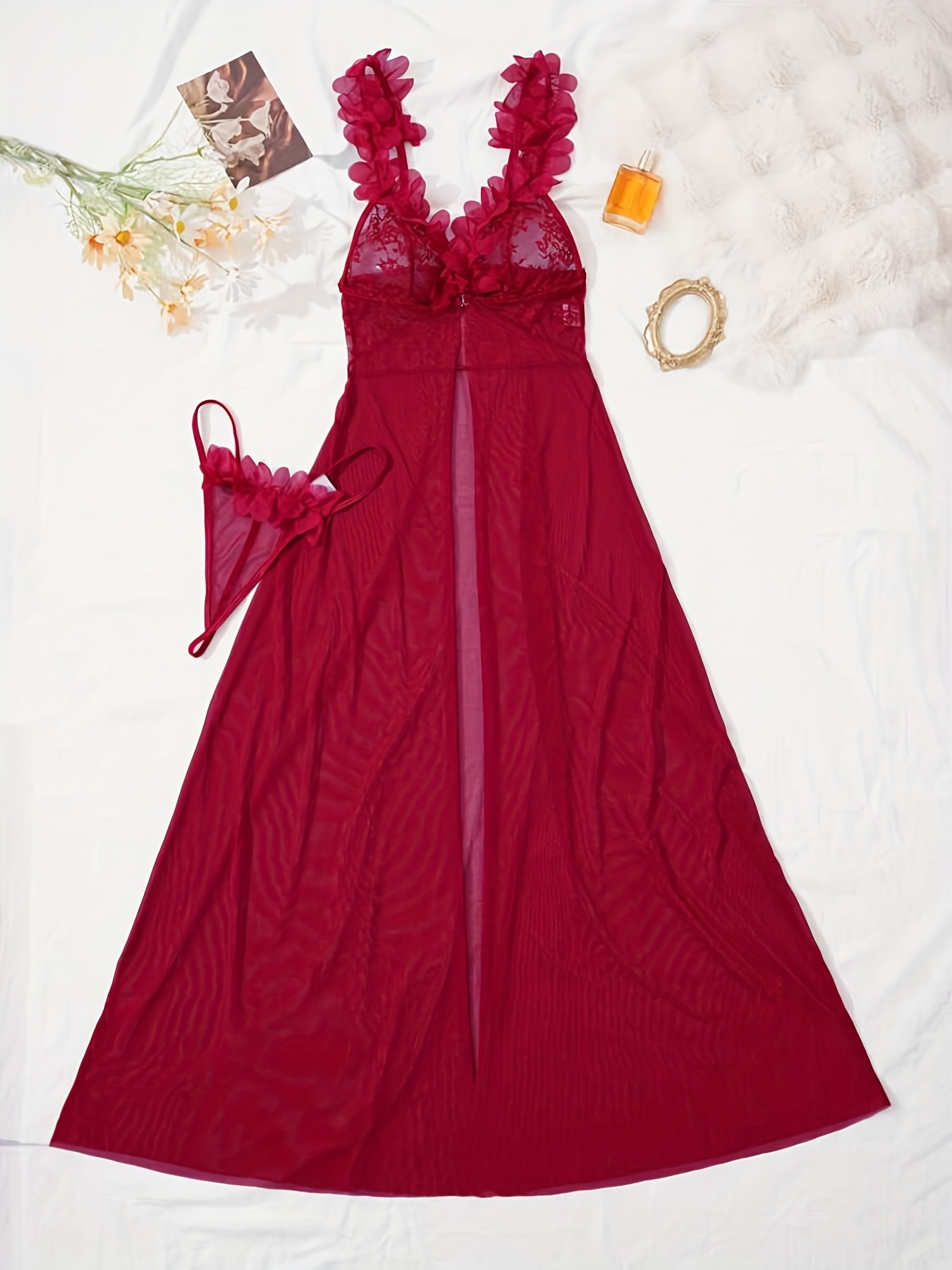 Women's Sexy Wedding Burgundy Lace Trim Mesh Floral Dress Lingerie Nightgown Set