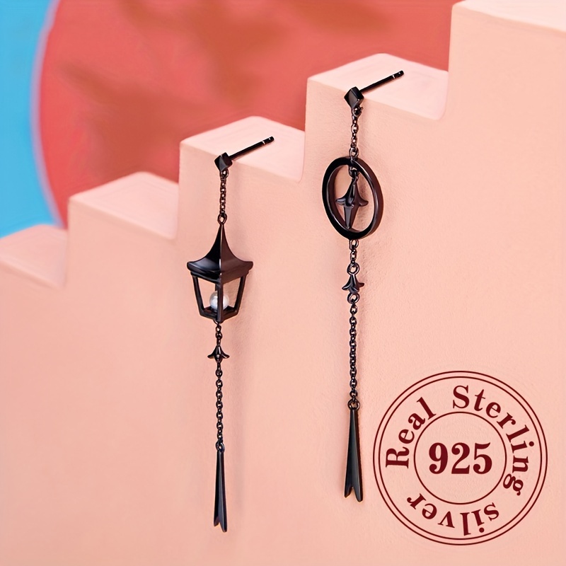 

S925 Sterling Silver Asymmetrical Dangle Earrings, Long Tassel Retro Street Lamp Drop Earrings For Women, Festival Birthday Jewelry Gifts 3.3g/0.12oz