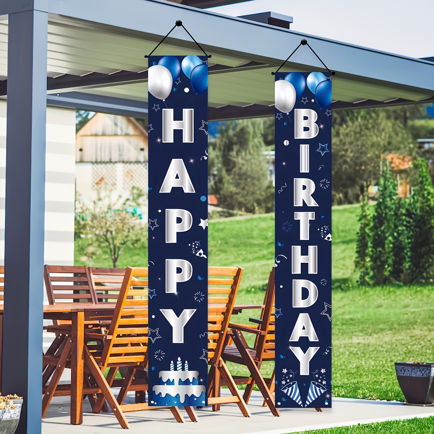 TEMU 2pcs Flags, Happy Birthday Decorative Banners Hanging Banners Happy Birthday Porch Banners Wedding Party Hanging Banners Front Door Courtyard