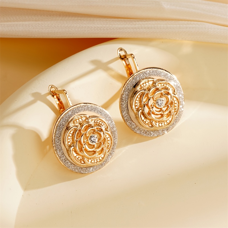 

Elegant Vintage Style 14k Golden Plated Copper Flower Drop Earrings, With Synthetic Zirconia Accents, For And