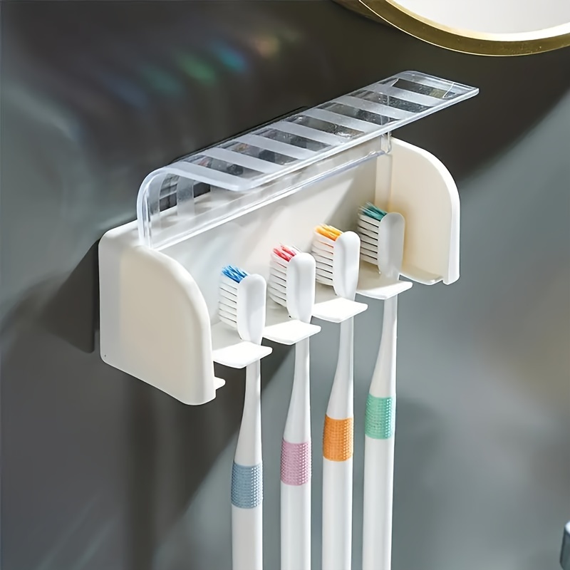 

1pc Plastic Wall Mounted Toothbrush Holder, 5-slot Hygienic Toothbrush Storage Organizer With Transparent Cover, Self-adhesive Hanger For Bathroom, Shower Toothbrush Accessory