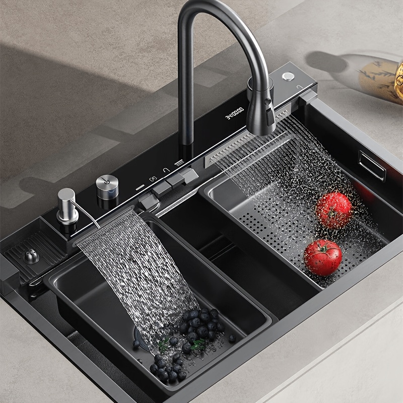 Modern Multifunctional Stainless Steel Kitchen Sink with Digital Display, High-Pressure Waterfall, Pull-Down Faucet, And Integrated Workstation for Contemporary Kitchens