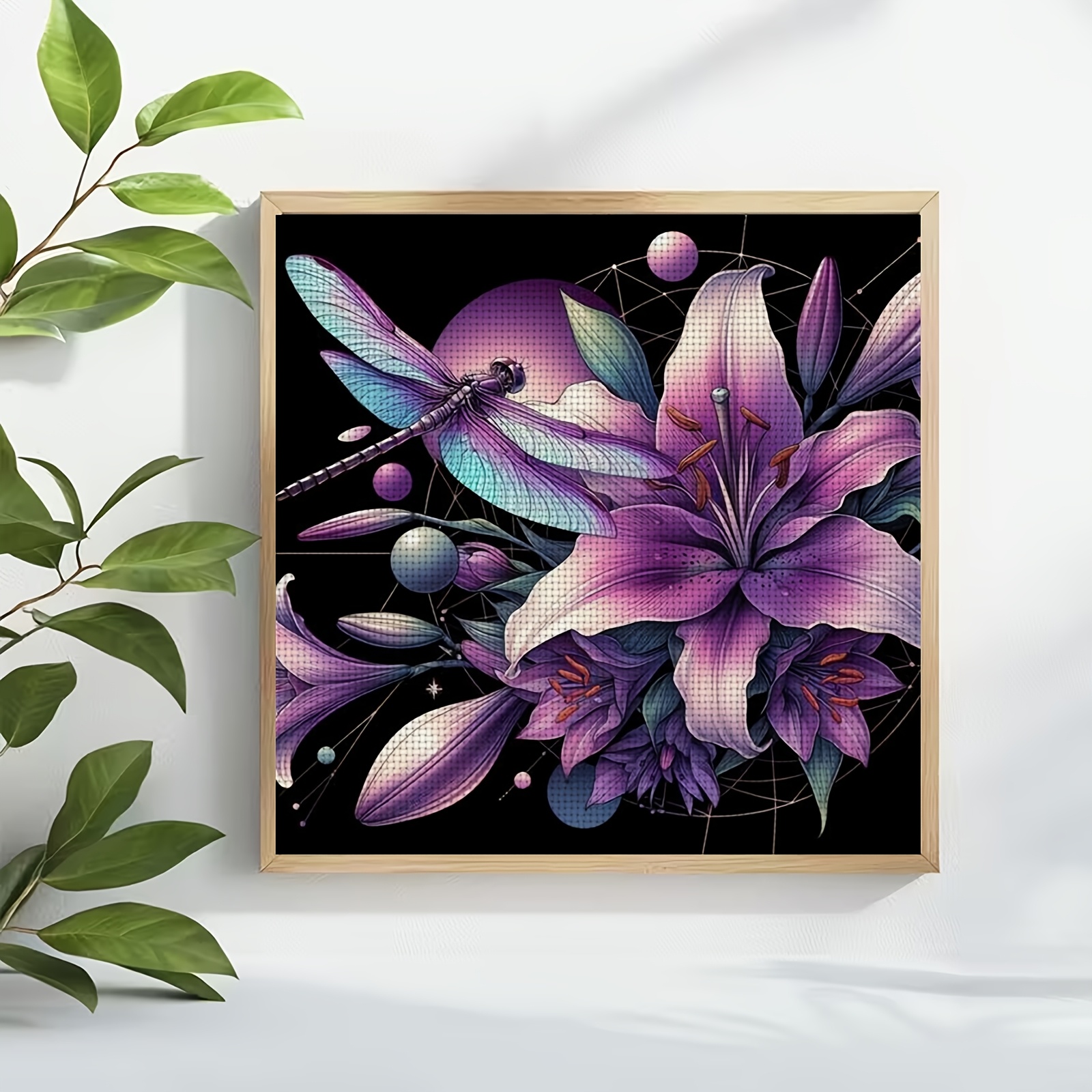 Cross-Stitch Kit, Purple Lily and Dragonfly Design