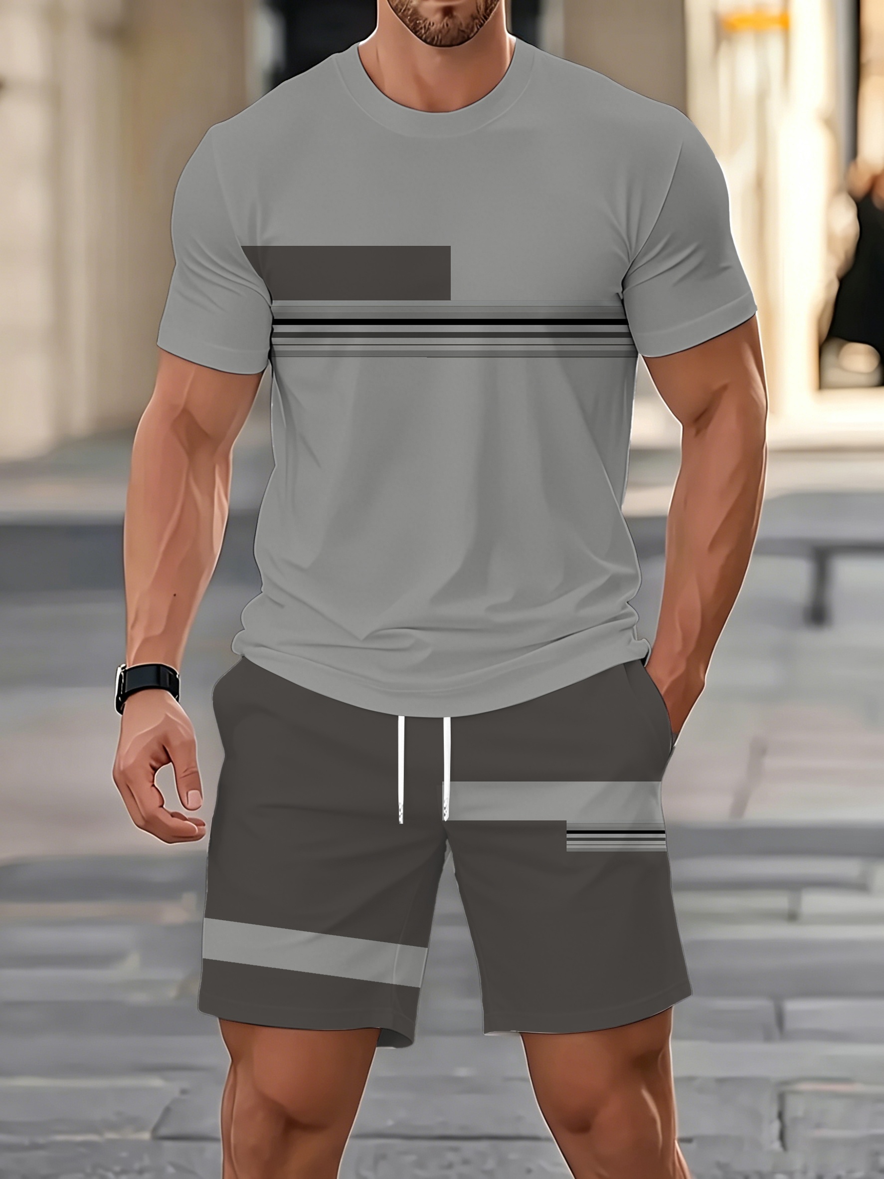 mens 2 piece outfit set summer   short sleeve crew neck t shirt top shorts 3  print vintage style striped contrast color   must have for street fashion enthusiasts suitable for daily casual fitness