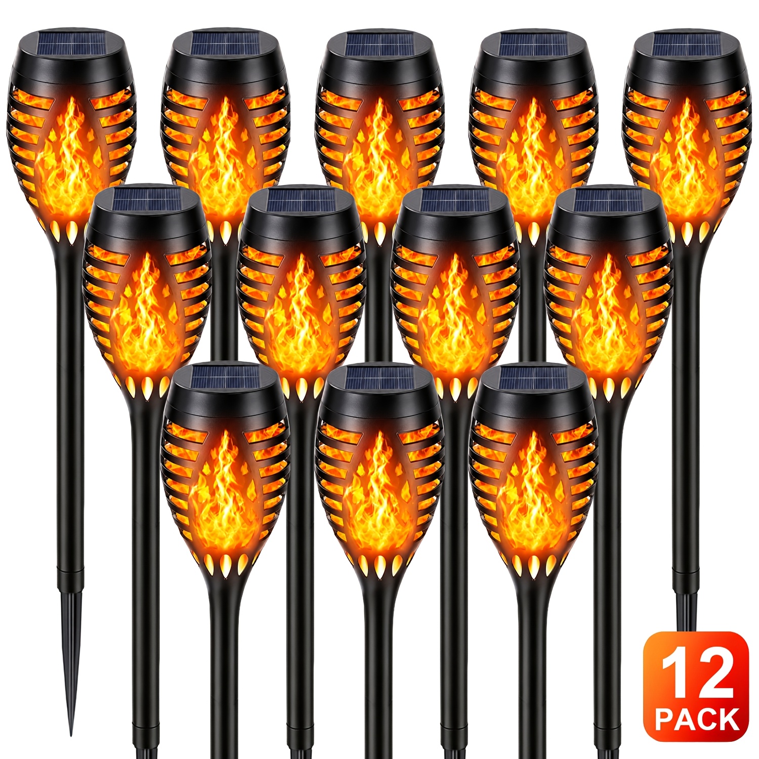 Image of 2/6/12pcs Solar Powered Fire Flame Torch Lights - Flame Effect Outdoor Garden Pathway Lighting, Durable Plastic, , And Patio Ambiance, Holiday Halloween Christmas Yard Decor