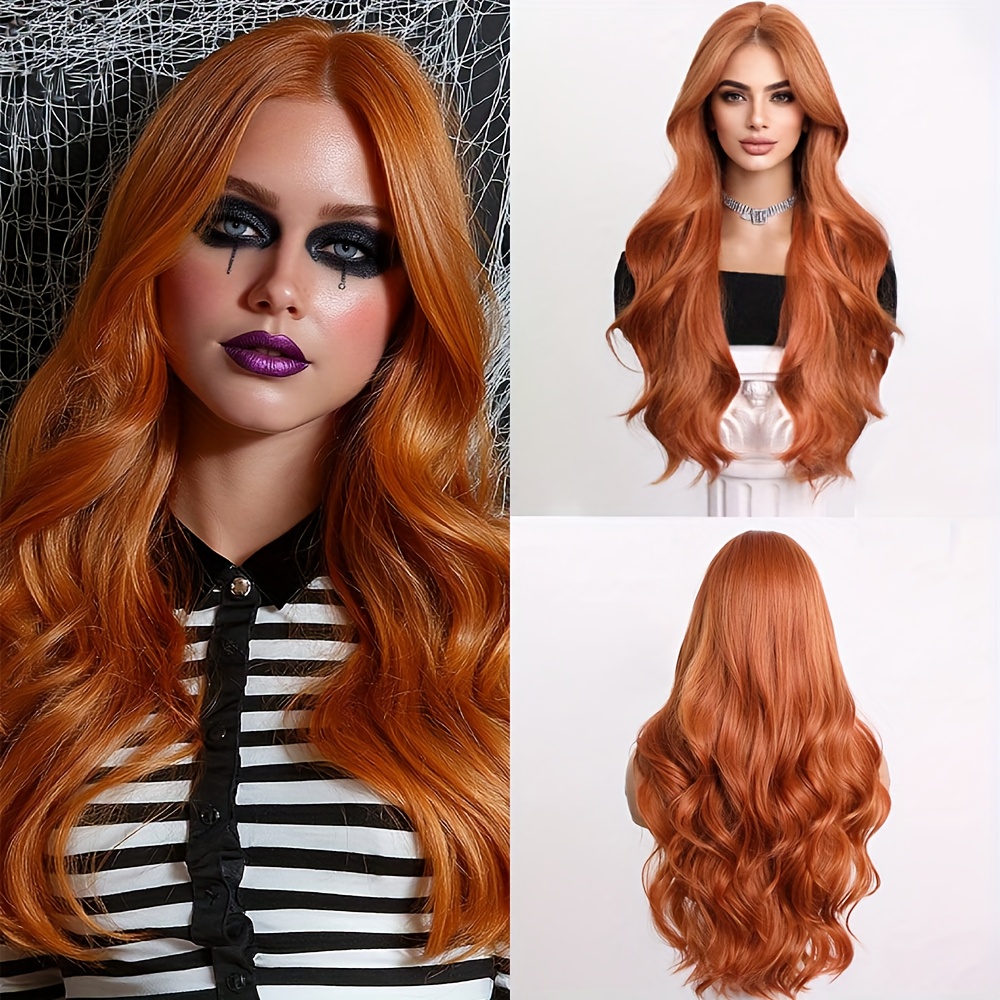 28-inch Dirty Orange Long Wavy Wig For Women, Featuring Copper Red Curls. This Synthetic Wig From Heat-resistant Fibers, Use, Music Festivals, Parties, Street Fashion, Halloween Costumes