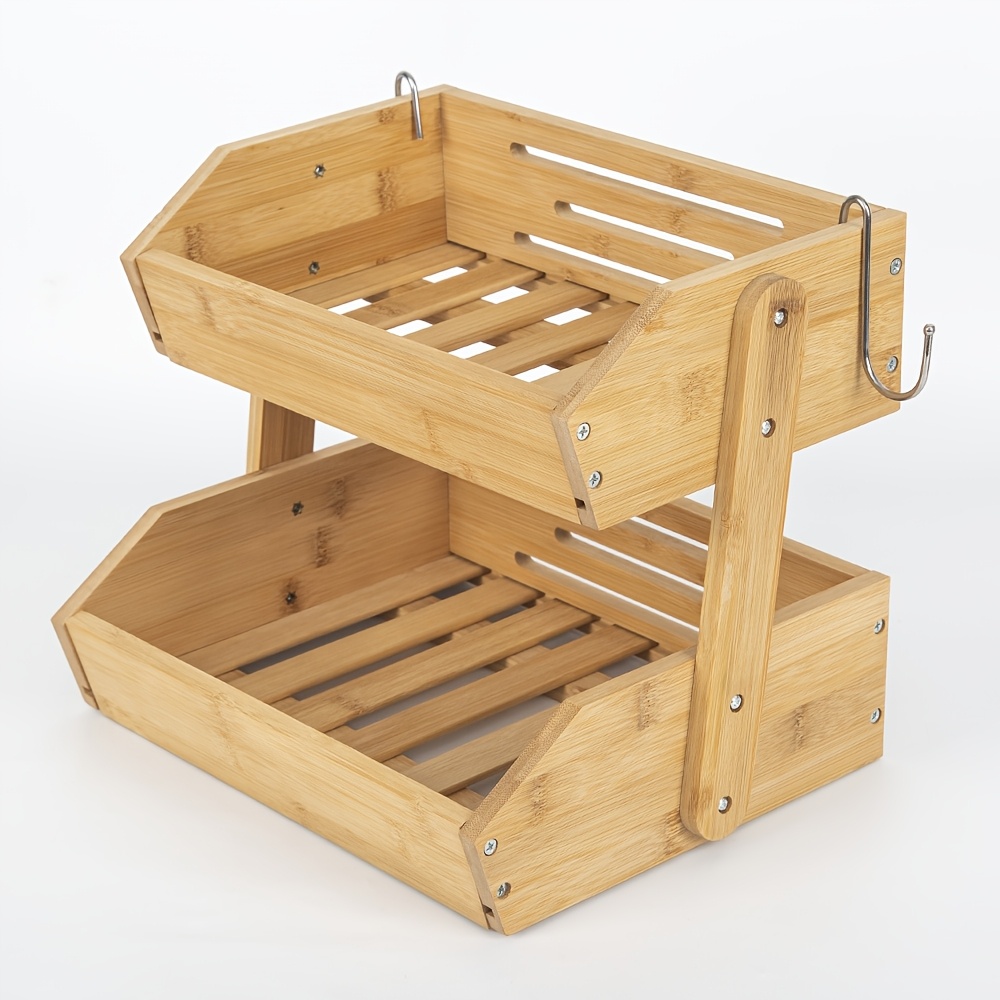 TEMU 1pc Bamboo & Wood 2-tier Fruit Basket Drain Rack - Countertop/outdoor Assembled Shelving Unit, Wood Grain Multipurpose Storage Shelf Pantry,,