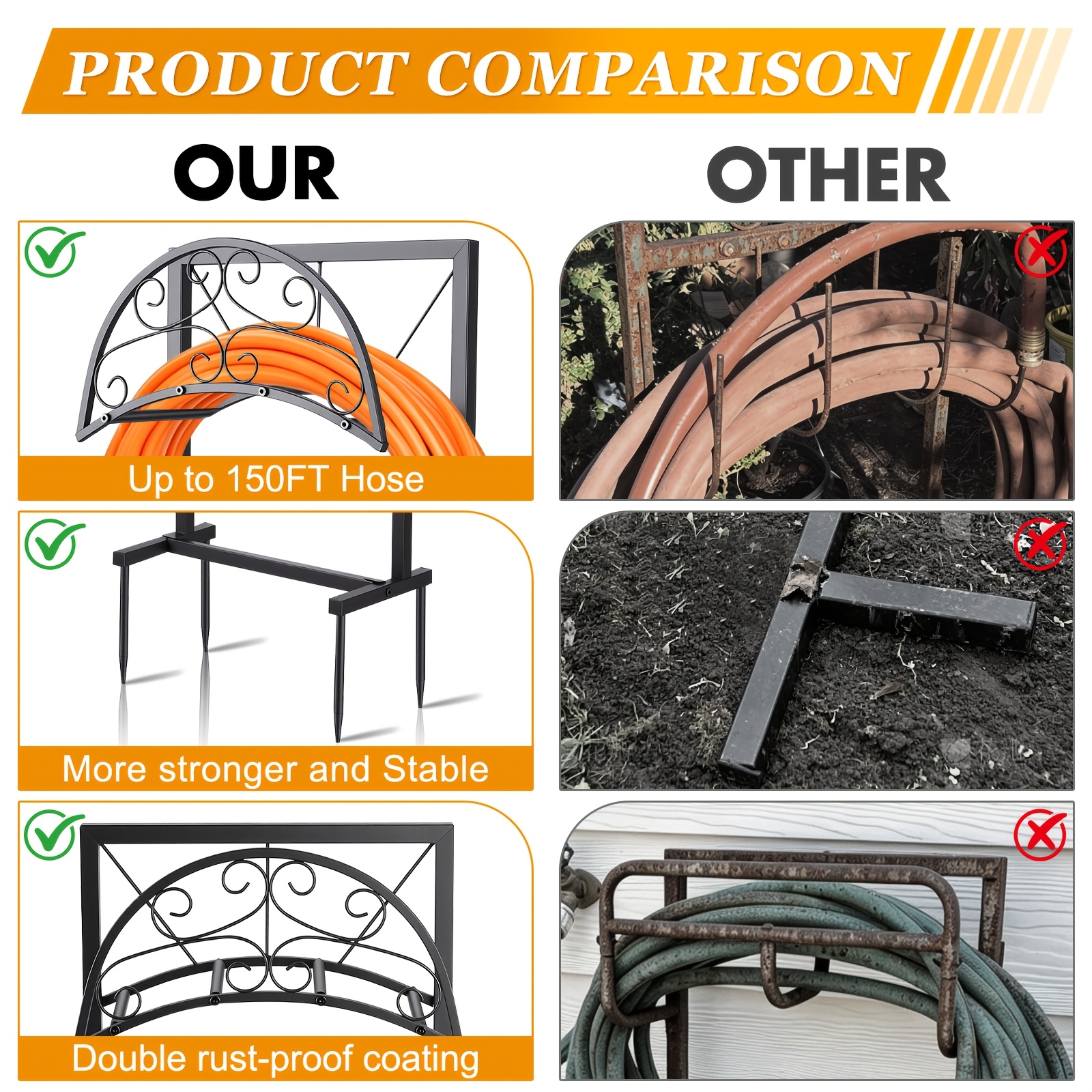 heavy duty metal garden hose holder outdoor freestanding garden hose reel hose stand with gloves detachable garden hose organizer holds 150ft hose rust resistant design with spikes for   stability for outside yard lawn farm