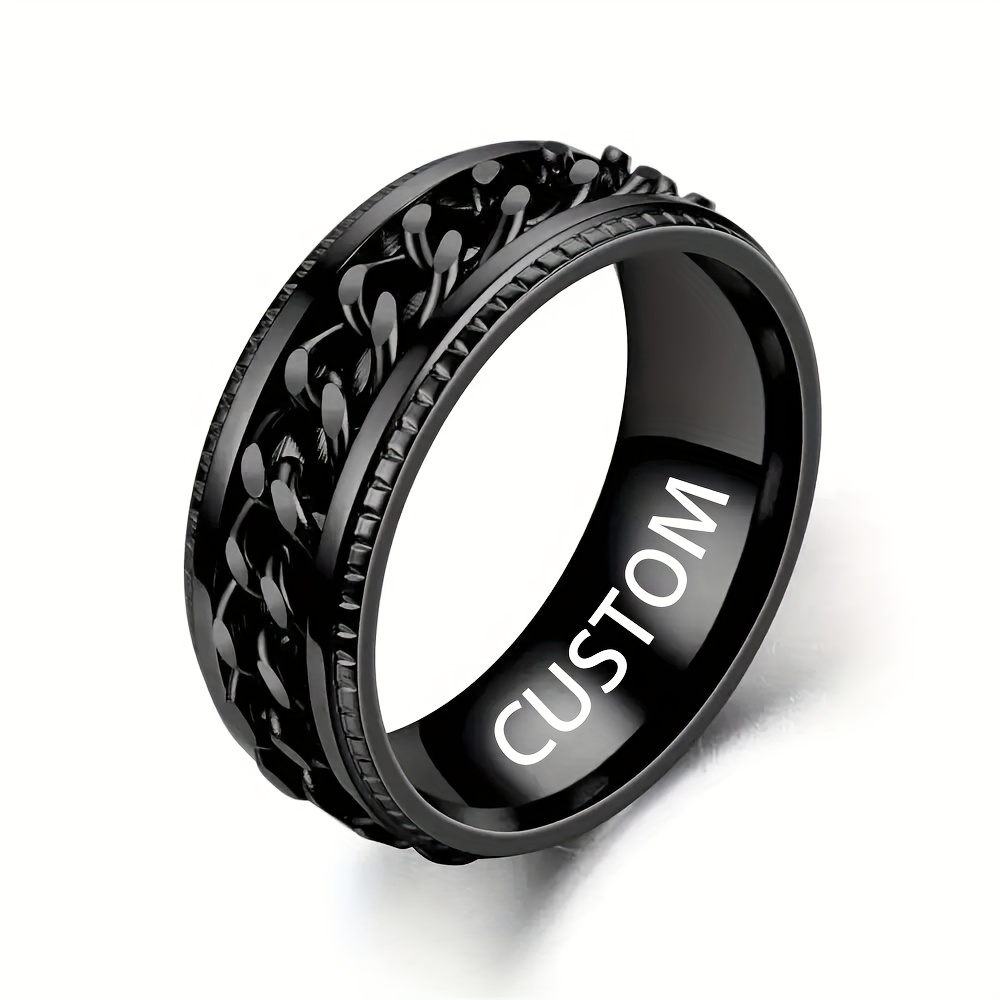 custom engraved black stainless steel ring 8mm wide rotating chain design personalized name date option durable stylish for men valentines day anniversaries casual attire anniversary jewelry   ring design quality   without battery Product details 0