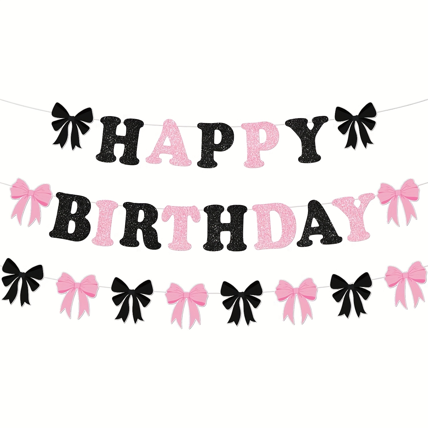 Image of Pink And Black Bow Birthday Decorations Black Pink Bow Glitter Happy Birthday Banner Backdrop Coquette Garland Party Decorations For Girls Women Bday Wedding Shower Bridal Shower Party Supplies