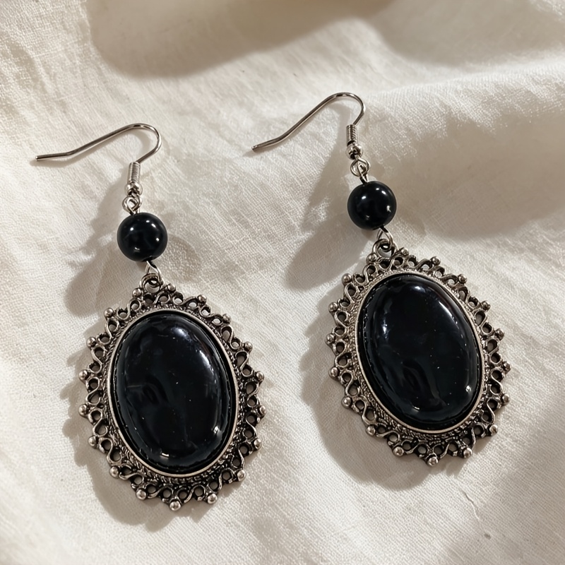 TEMU 2pcs Fashion Dark Gothic Style Halloween Geometric Hollow Lace Black Oval Women's Fashion Earrings For Holiday Parties