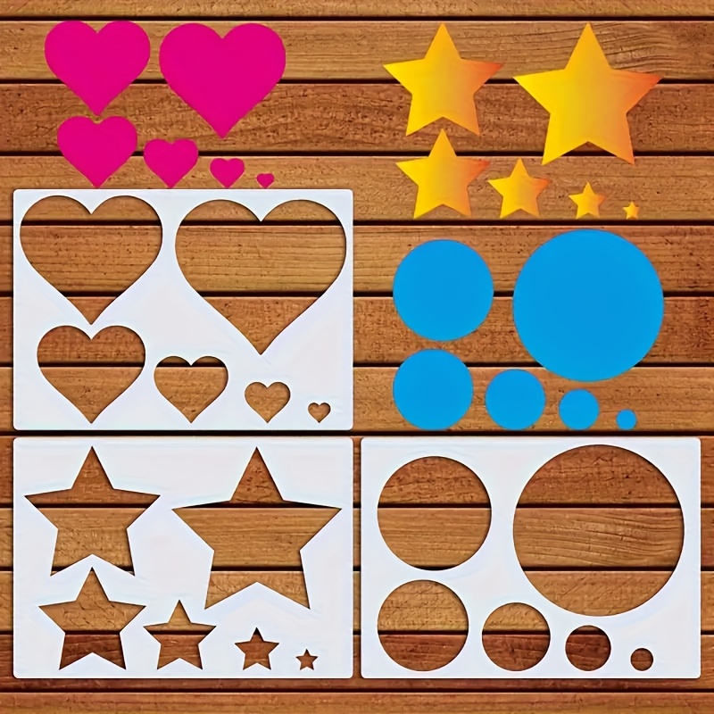 TEMU Set di 3 stencil a formato A4 a forma di cuore, stella e per pittura - Modelli fai da te per artigianato, da parete, mobili e tela - Adatti per