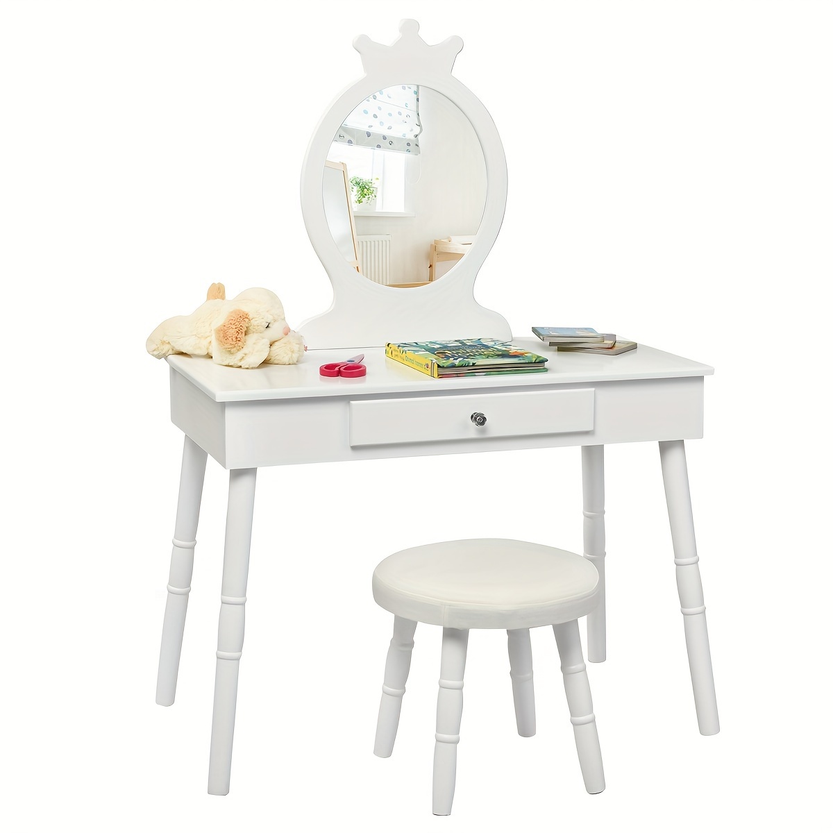 

1 Set Kids Wooden Vanity Set With Mirror And Stool, White Makeup Table With Drawer, Princess Play Set For Children, 40-inch Height, Dressing Table For Bedroom & Playroom Decor