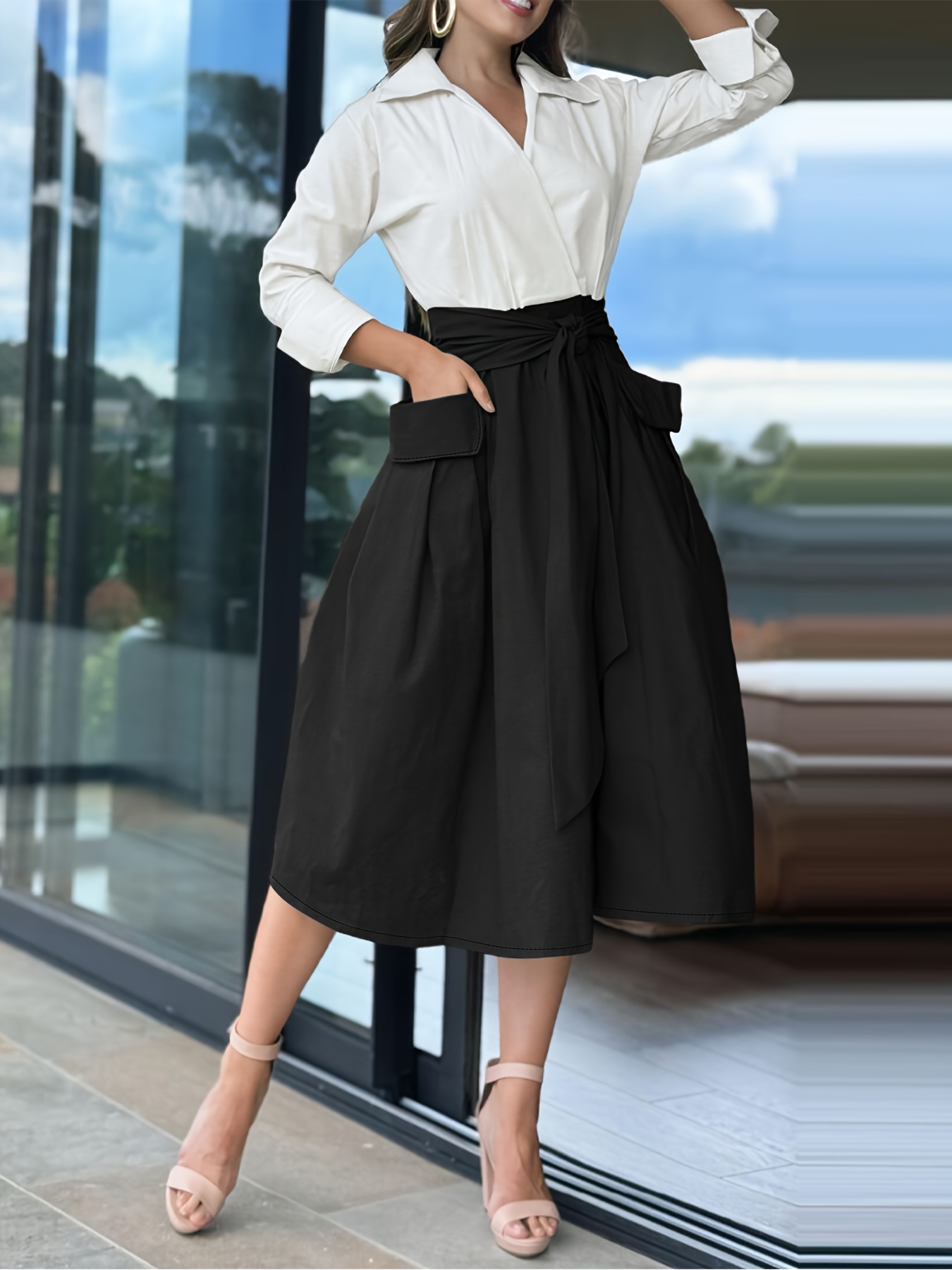 knee length dresses for ladies Rome- Black Cotton Knit Laced Aline Shirt Dress main image 0