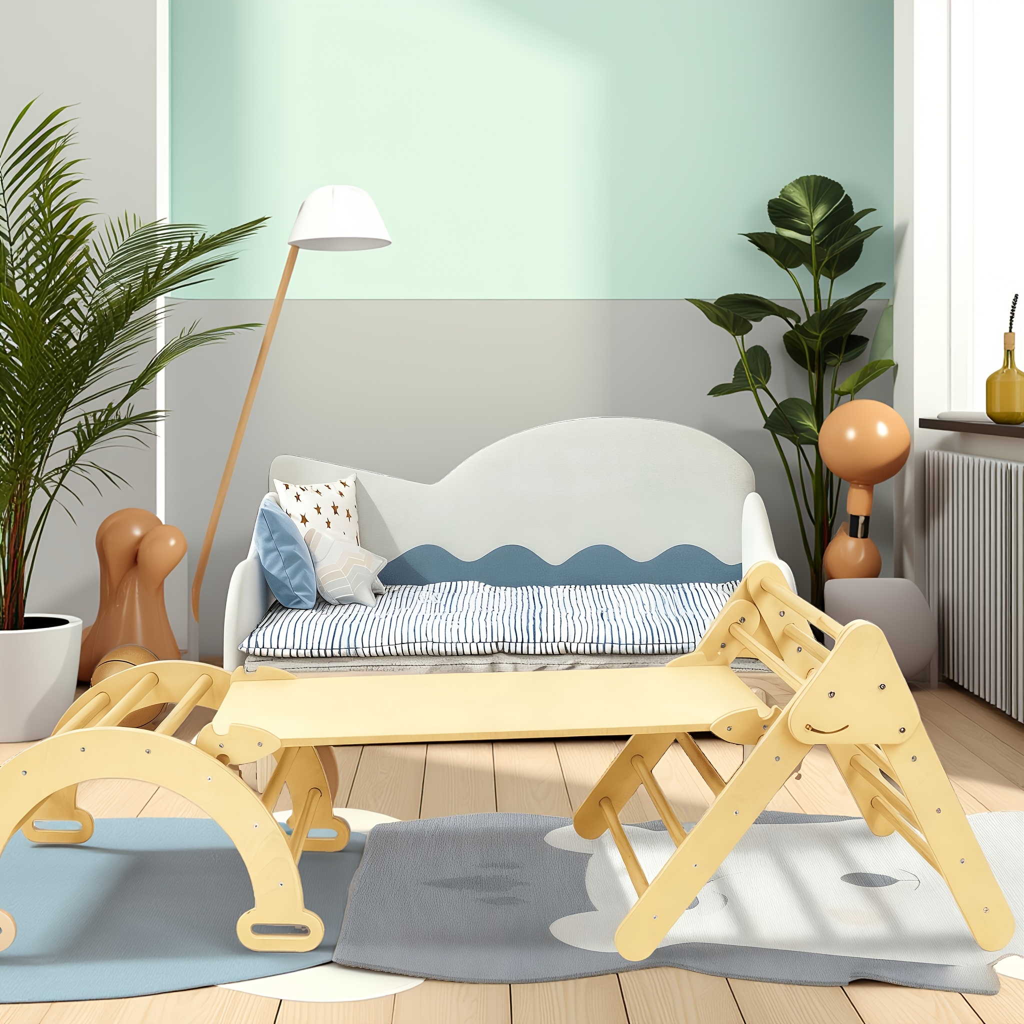 TEMU 3-in-1 Wooden Climbing Frame, Sensory Balance Board Triangle Set With Ramp And Arch
