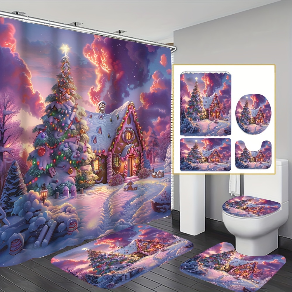 

Christmas Wonderland: Gingerbread House Print Bathroom Set With 12 Free Hooks - Includes Shower Curtain, Rug, Toilet Cover, And Bath Mat