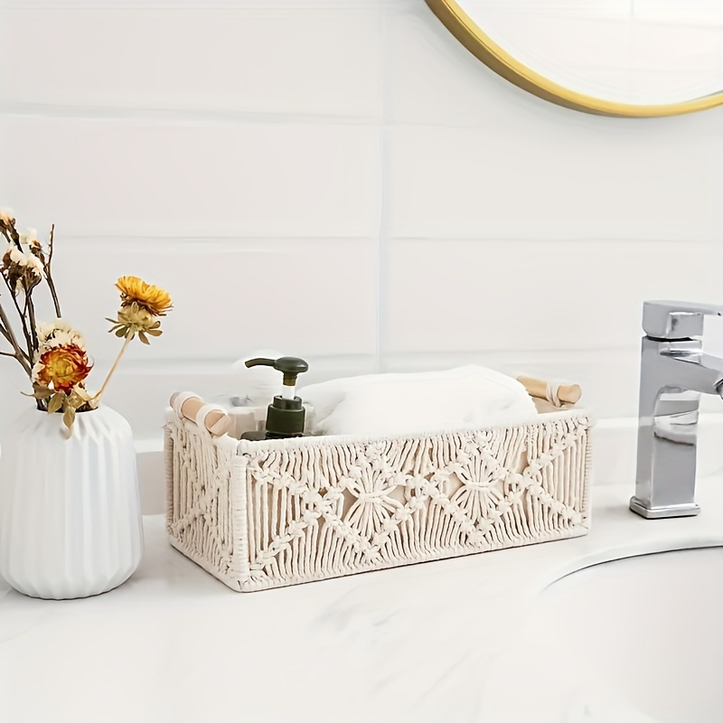 

1pc Handmade Cotton Woven Countertop Organizer Basket - Natural Material Toilet Shelf For Bathroom, Bedroom, Living Room - Boho Style Storage Box With Grid Sorting Design