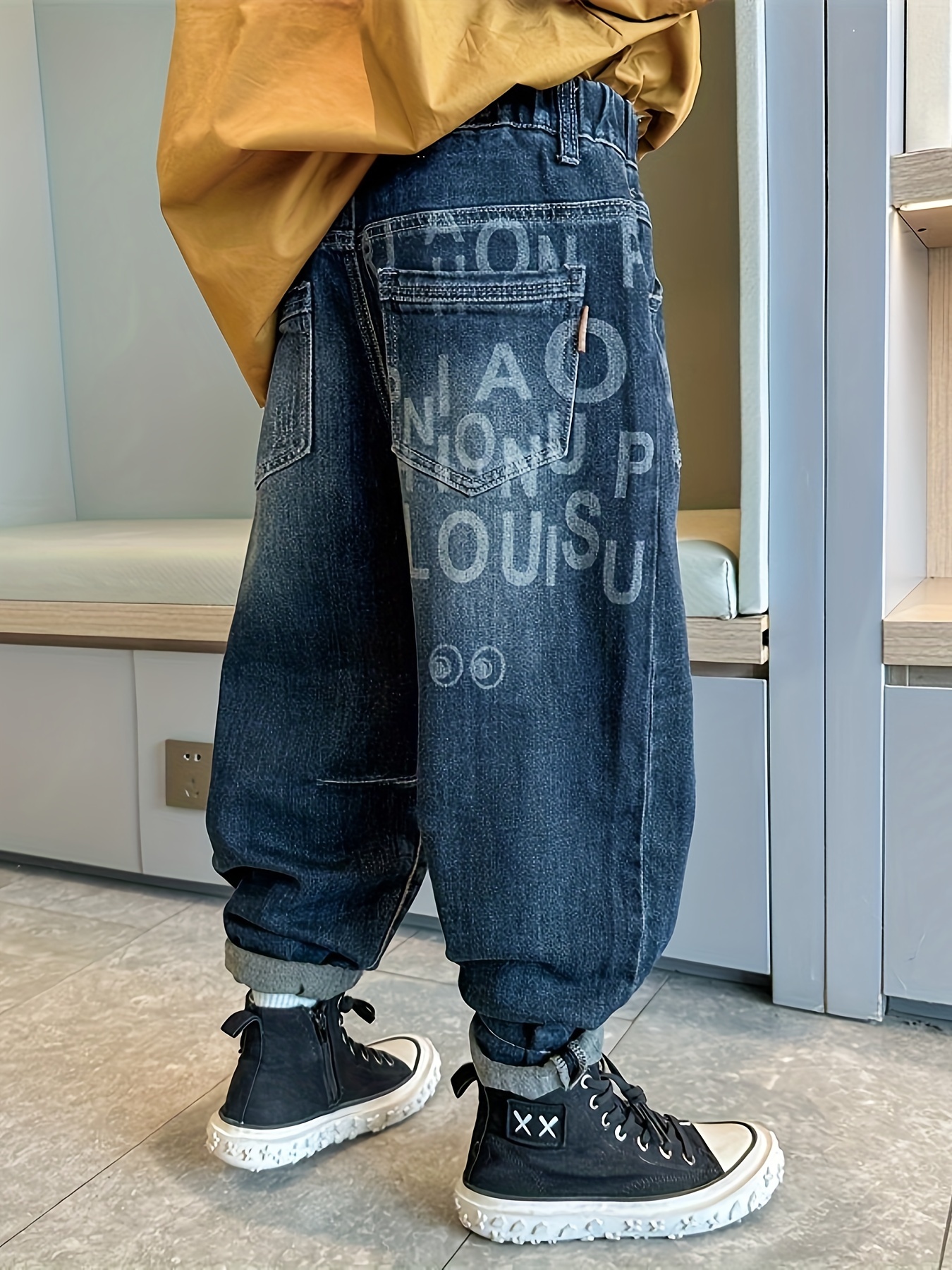 Boys Stylish Letter Print Baggy Jeans, Retro Denim Pants, Casual Jogger  Pants For Kids