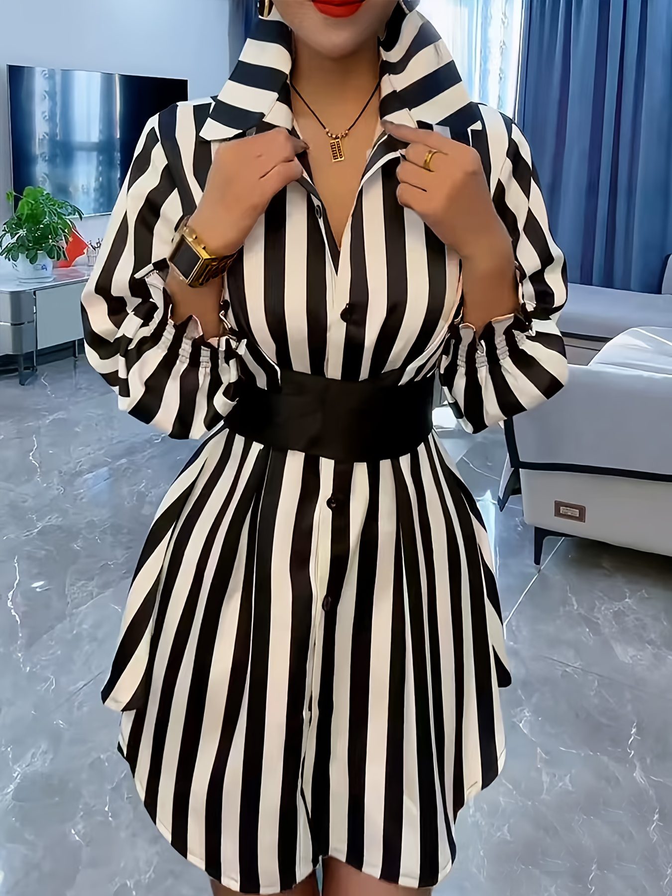 Tall Dresses Striped Shirt Dress Long Sleeve Striped Belted Waist Single  Breasted Long Sleeve Shirt A Temu