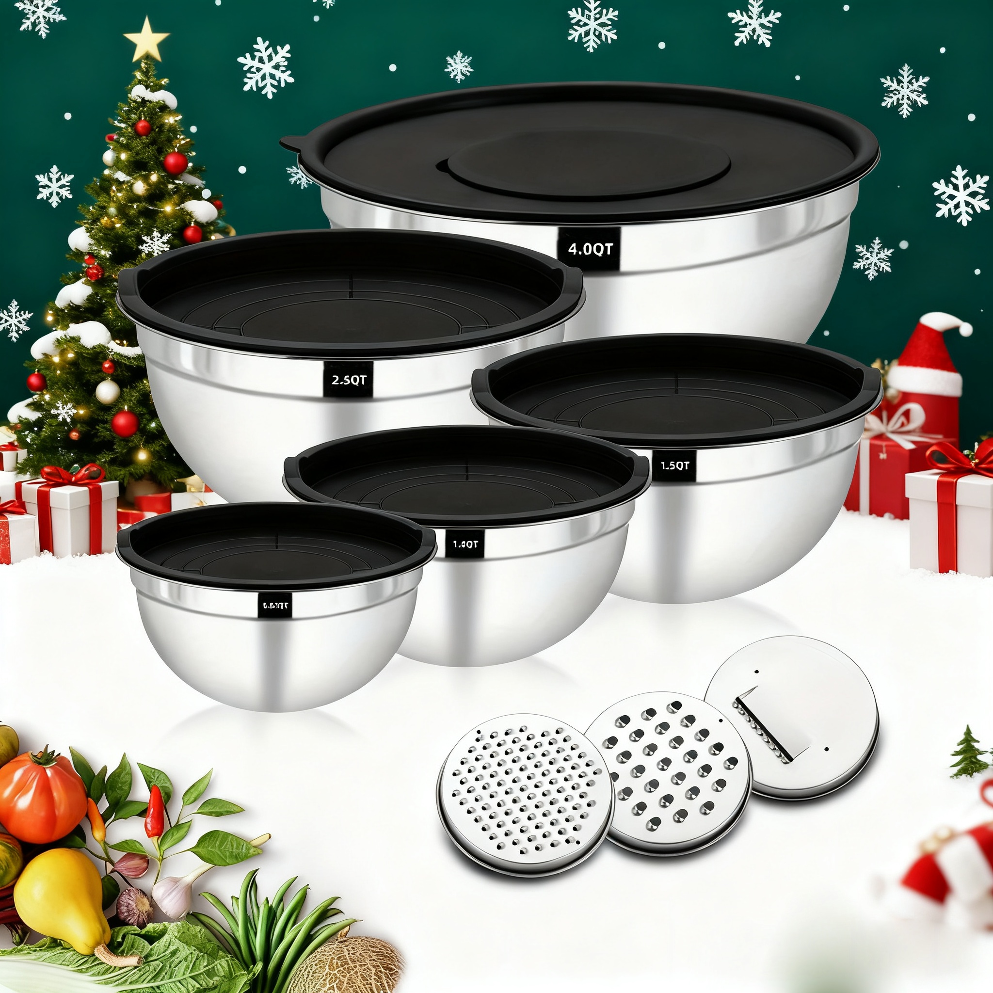 E-shop 5 Edelstahl-Rührschüsseln mit Deckel und 3 Reibe-Aufsätzen. Diese stapelbaren Schüsseln eignen sich für Salate, Obst, Pasta und zum Backen. Sie