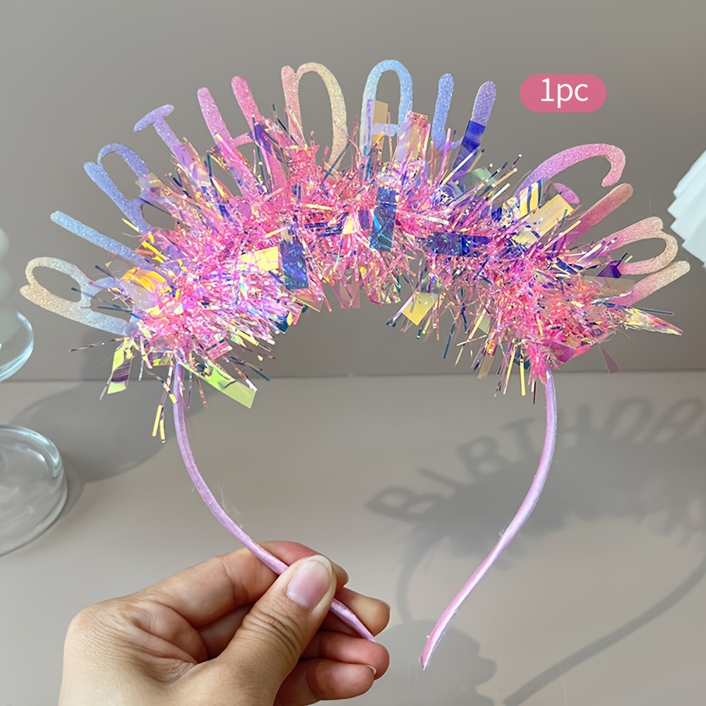 Image of 1pc Giltter Birthday Headband For, Sweet Colorful Ribbon Hair Band, Hair Accessories For Birthday Party