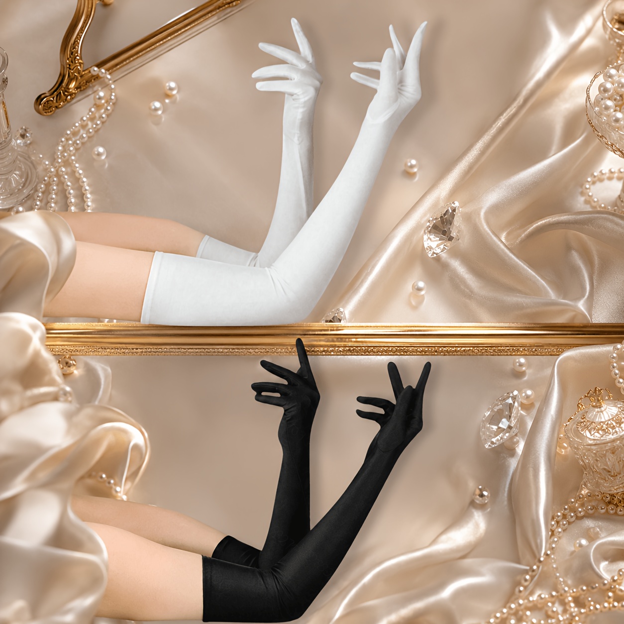 TEMU Of Black And White Gloves, 1920s Style Masquerade Gloves, Stretch Long Gloves For Formal Wedding Attire