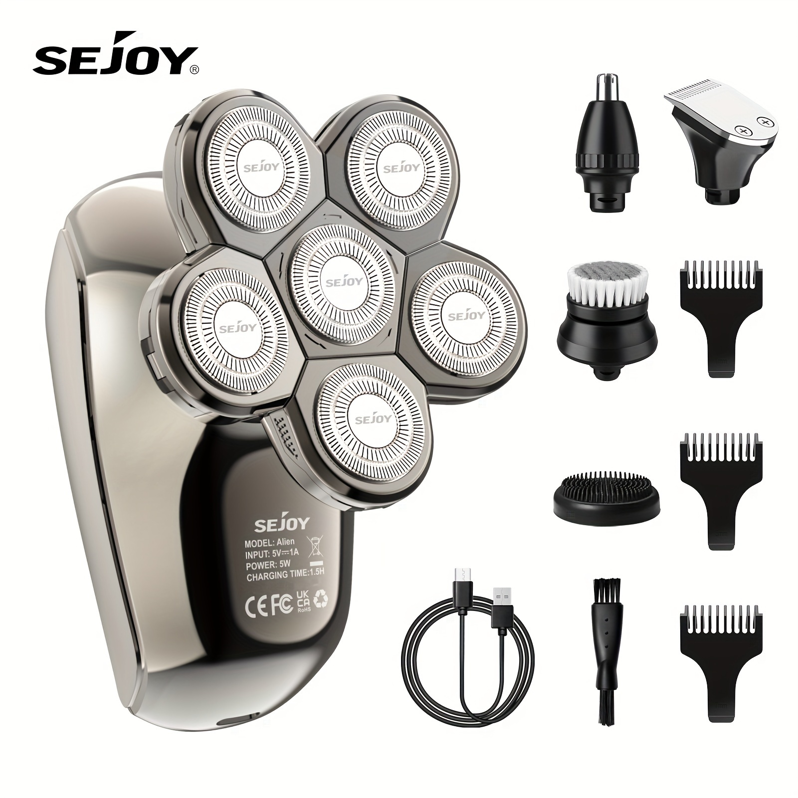 

Sejoy 5 In 1 Electric Shaver For Bald Men With Nose Hair Trimmer, Facial Cleaning Brush, Hair Trimmer For Wet&dry Shaving, 1.5h Fast Charging Travel Lock