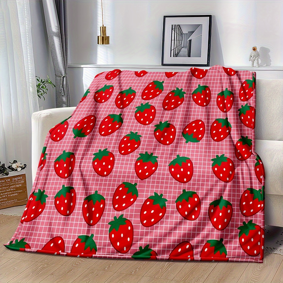     strawberry pattern throw blanket microfiber flannel   fruit theme woven   no     wedding housewarming birthday gift details 3