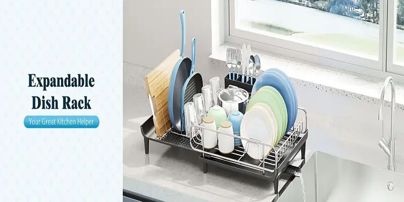 1pc expandable dish drying rack stainless steel dish drainer with cup utensil holder collapsible countertop dish rack with pan pot holder metal dish strainer for kitchen counter food contact safe no electricity needed ideal for christmas halloween easter thanksgiving valentines day Product details 0