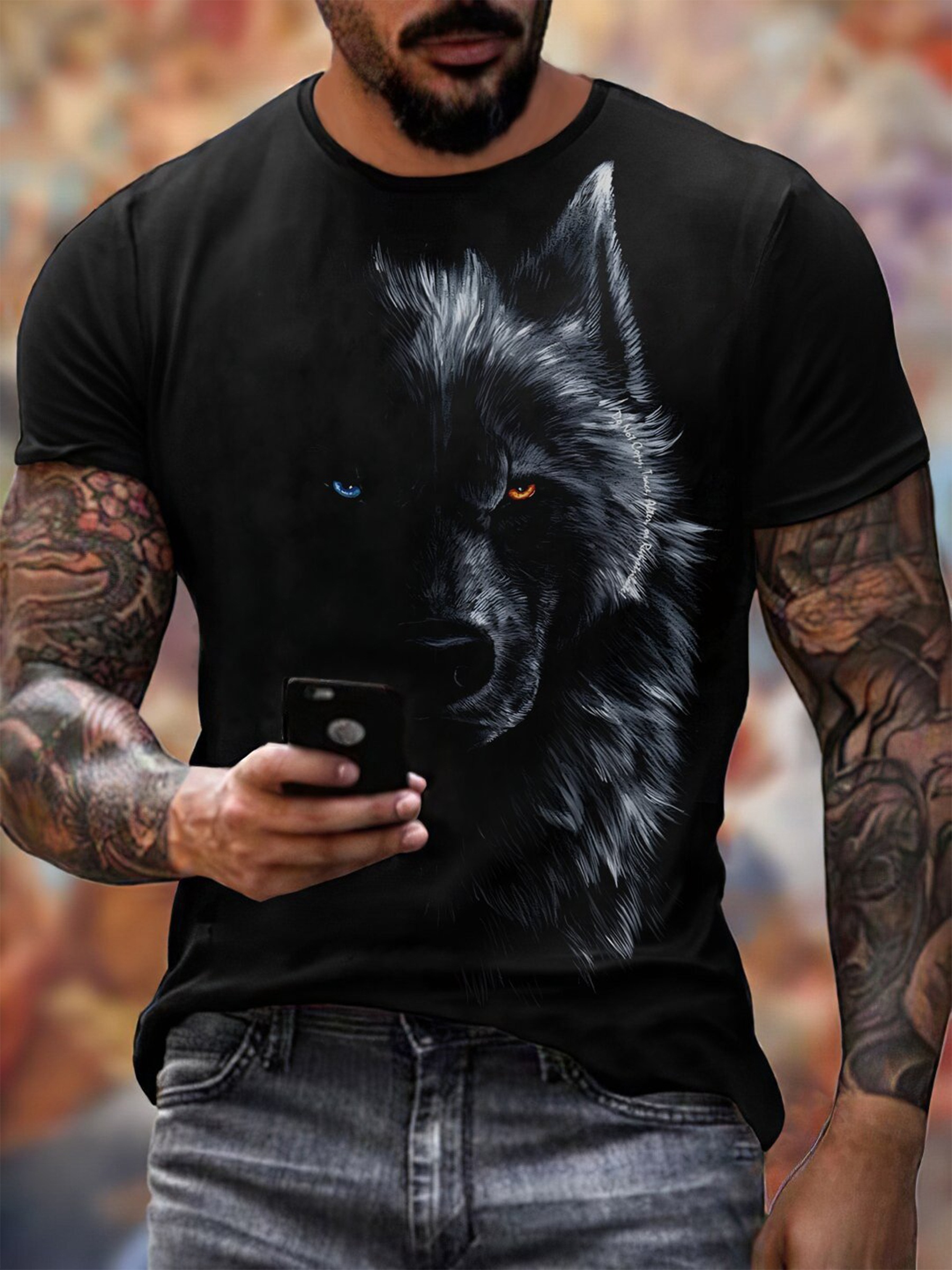mens wolf graphic print t shirt short sleeve crew neck tee mens clothing for summer outdoor