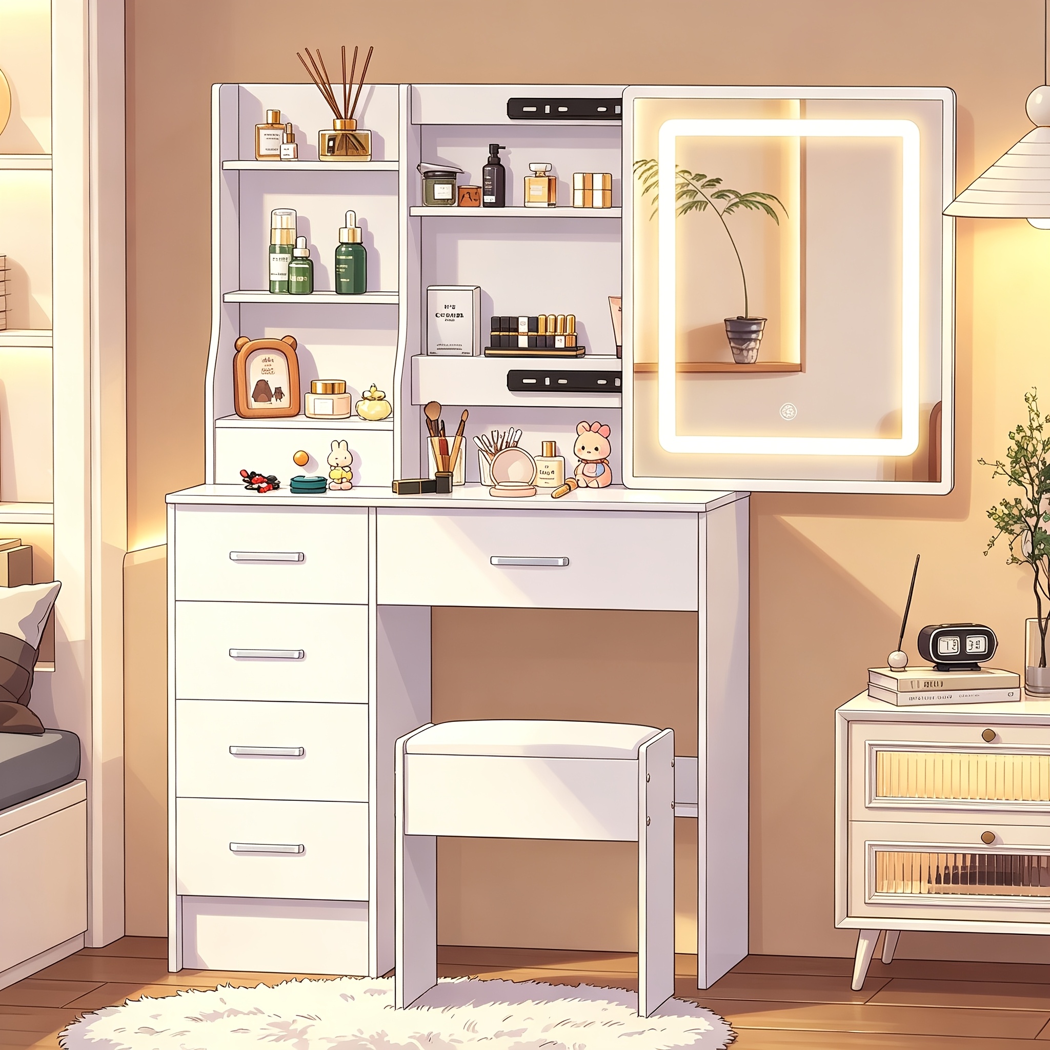 Vanity Desk With Led Lighted Mirror & Stool, 3 Color Dimmable Makeup Vanity With 6 Drawers, Open Shelves & Lockable Storage, White Dressing Table With Hutch For Bedroom