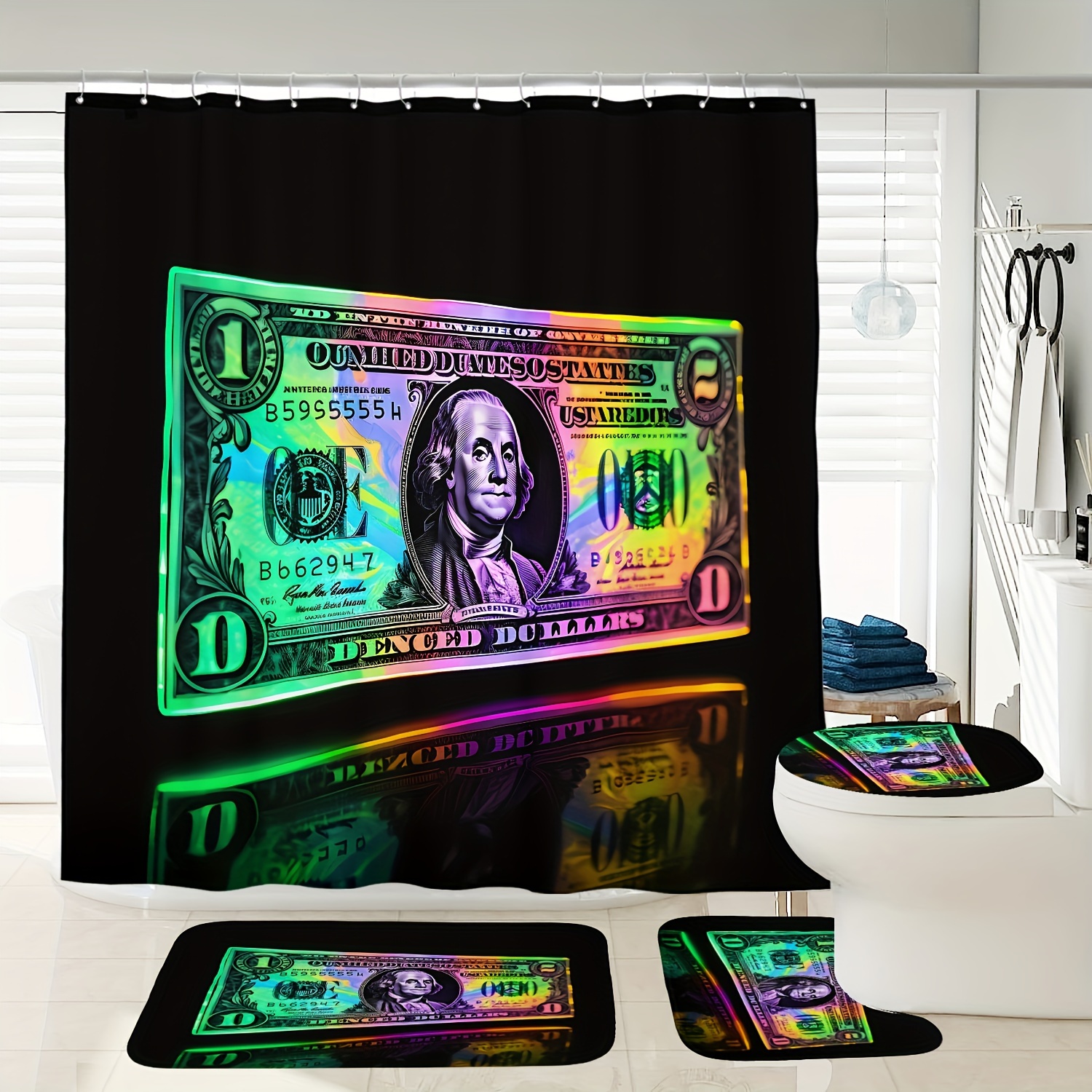 

1/3/4 Piece Glowing Us Dollars Pattern Digital Printed Waterproof Shower Curtain Toilet Seat Bath Mat Set, With 12 Plastic Hooks, 72 Inches X 72 Inches