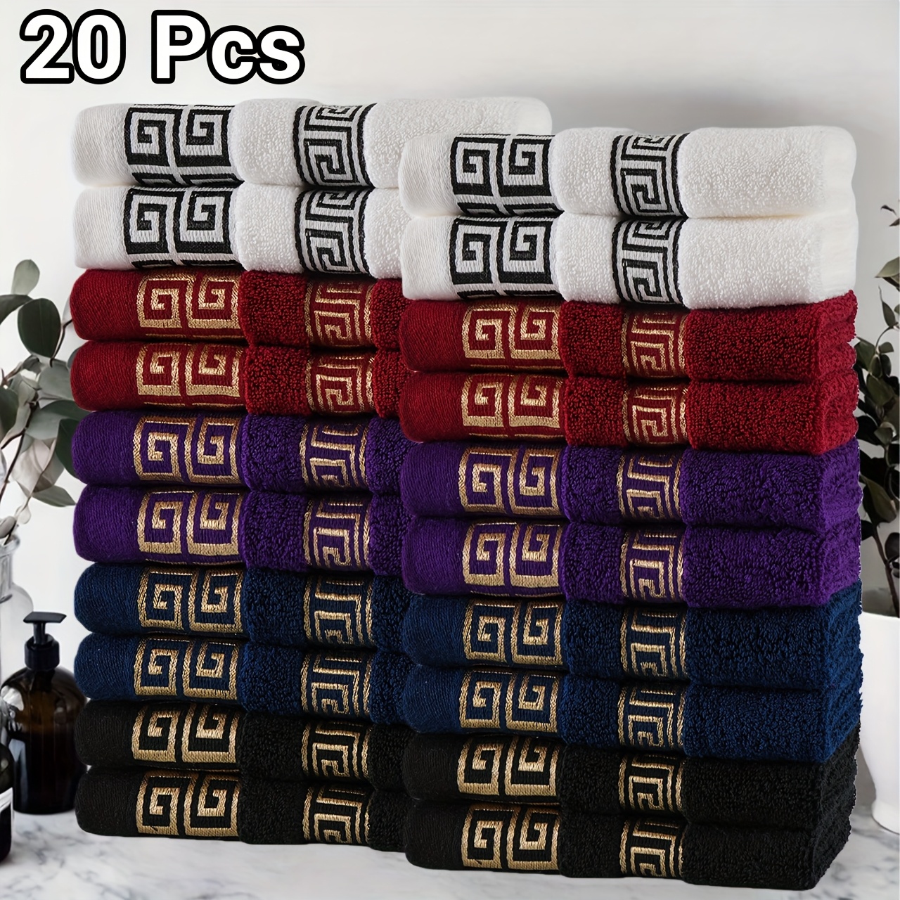 20pcs 100% Cotton Luxury Bath & Hand Towels Set - Ultra-Soft, High Absorbency Large 34.8x34.8 cm Square Towels with Greek Key & Stripe Patterns (Black/White,)