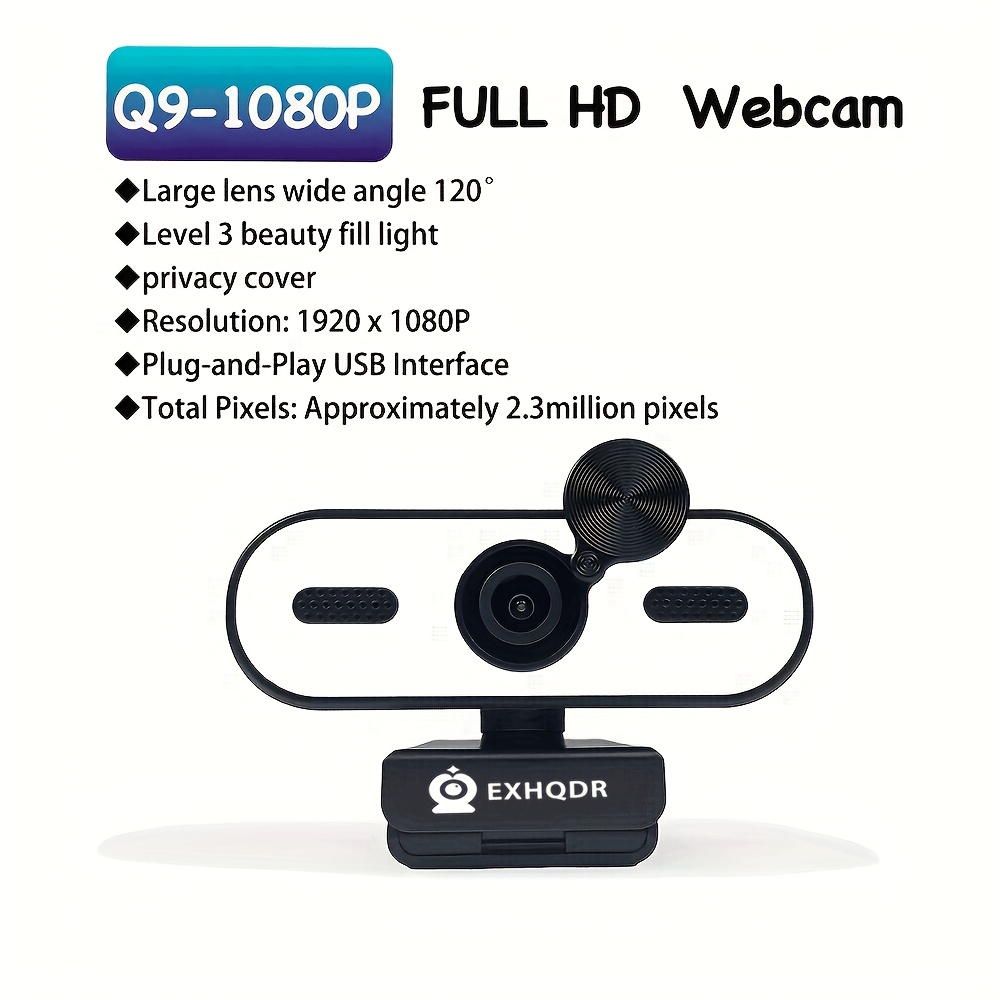 Exhqdr 1080p Full Hd 30fps Usb Webcam With 3- Fill Light, Privacy Cover, Fixed Focus, 120 Degree Wide Angle For Pc Laptop