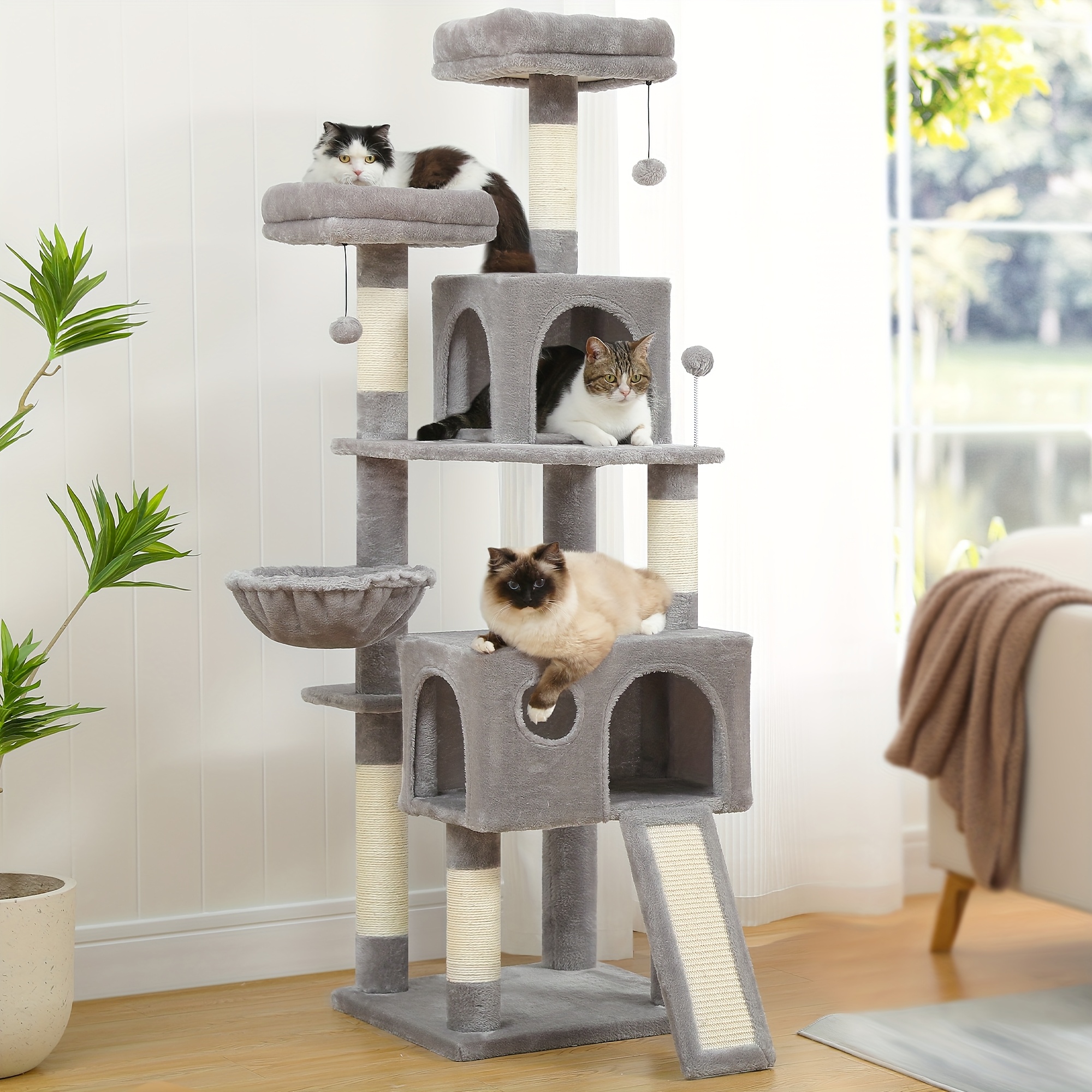 Road 162cm Cat Tree With Sisal-covered Scratching Posts, Cat Tower For Large Cats With Spacious Hammock And 2 Top , And Replaceable Dangling Balls