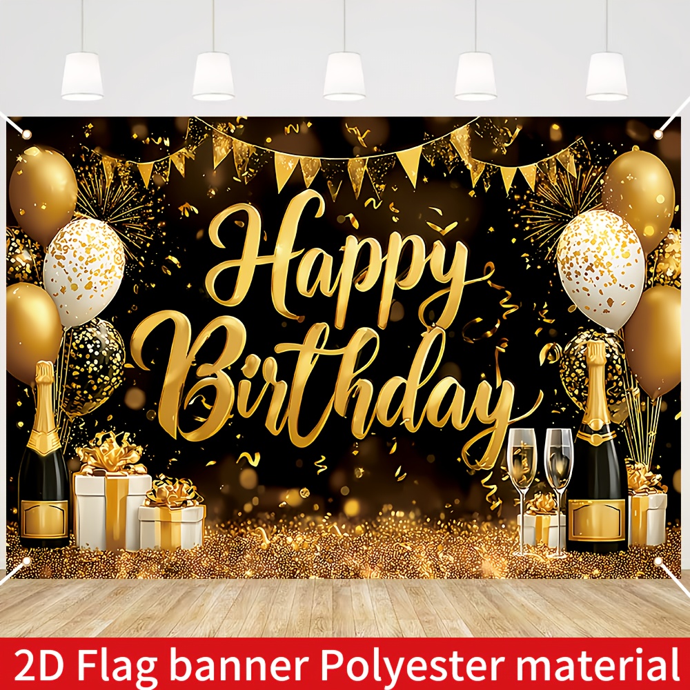 Banner Plano 2D, Banner de Cumpleaños Feliz, 1 Pieza, 150*110cm/180*110cm - Material de Poliéster con Temática Dorada y Tono Cálido y Espléndido, Ideal para Fiestas Grandes de Cumpleaños, Ambiente Alegre y Festivo