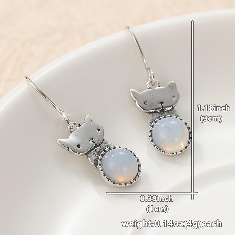 Cat on the Moon Dangle Earrings with Rainbow Moonstone