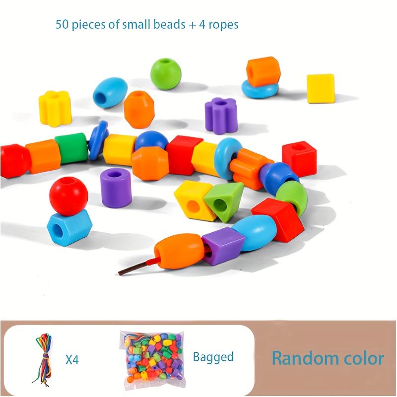 50 Beads++4 Ropes Beaded Toy - Shape And Color Assortment Fine Motor Skills Development Set With String, Ideal Building Block Toy Gift.random Color