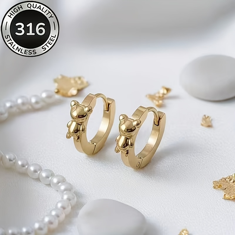 TEMU Steel Hoop Bear Earrings, Cute Bear Earrings, Golden-plated Stainless Steel Material, Exquisite And Adorable Christmas Gift, Birthday Gift, For