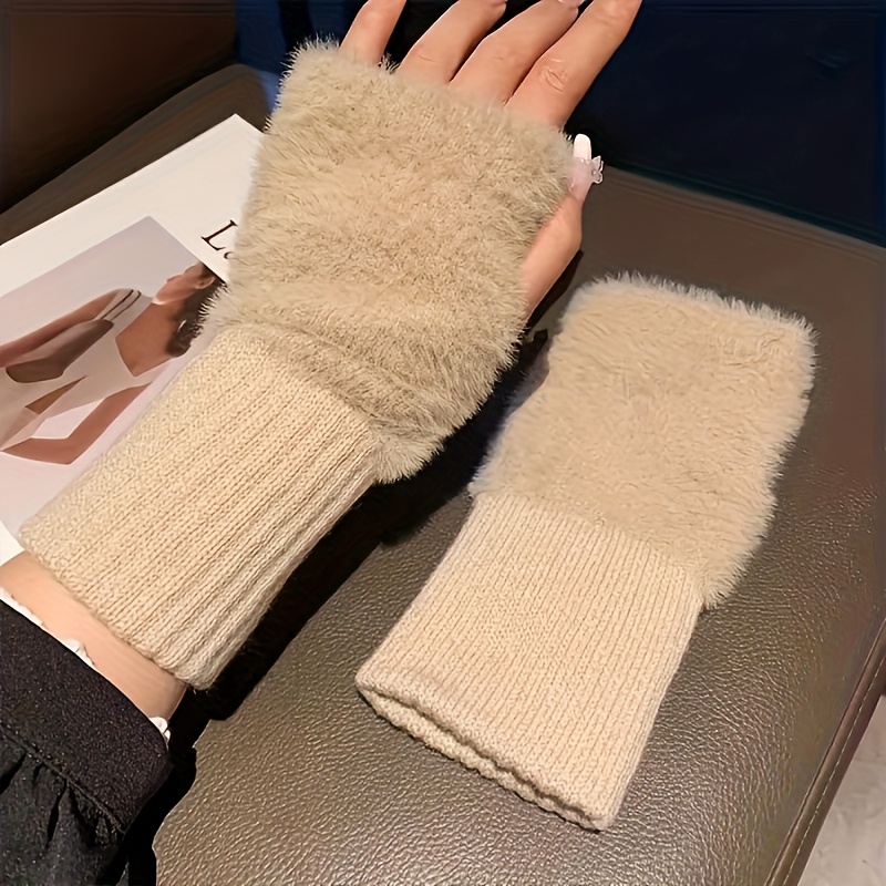 Soft & Warm Fingerless Gloves - Stylish Elegant Plush Splicing Knit Gloves for Autumn Winter with Coldproof Elastic Wrist Cover details 0