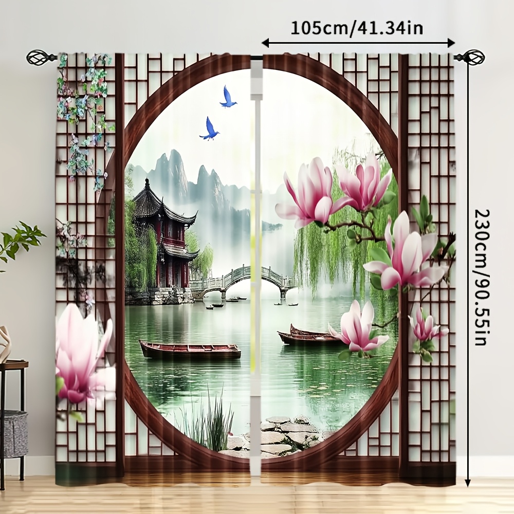 TEMU 2 pièces, Rideaux Chinois Fleurs et Oiseaux pour toutes , Polyester, pour Chambre, Cuisine, Bureau, Salon et Salle de Jeux ( tringle)