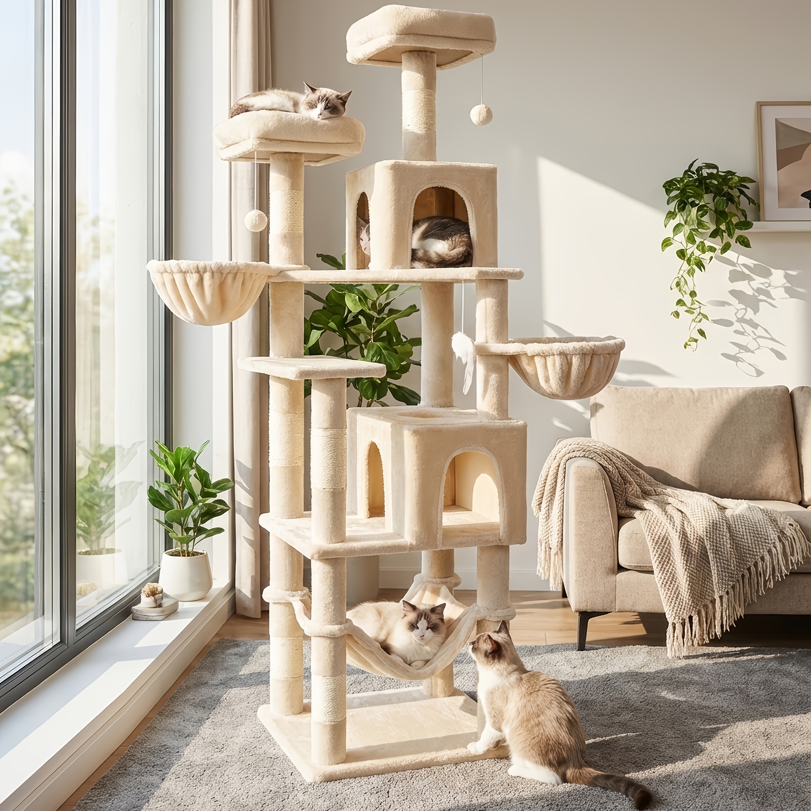   180cm cat tree tower 8 sisal scratching posts 3 hanging cat toys 2 condos 2 plush perches sturdy easy to assemble