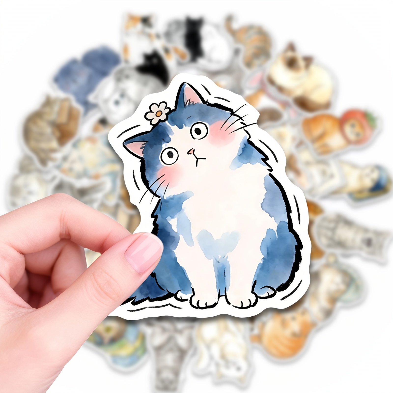 Image of 50pcs Watercolor Cat Meme Stickers, Cat Story Stickers, Removable, No Repeated Patterns. Ideal For Laptop, Water Bottle, Phone, Journal, , Bumper, Skateboard, Motorcycle, Luggage