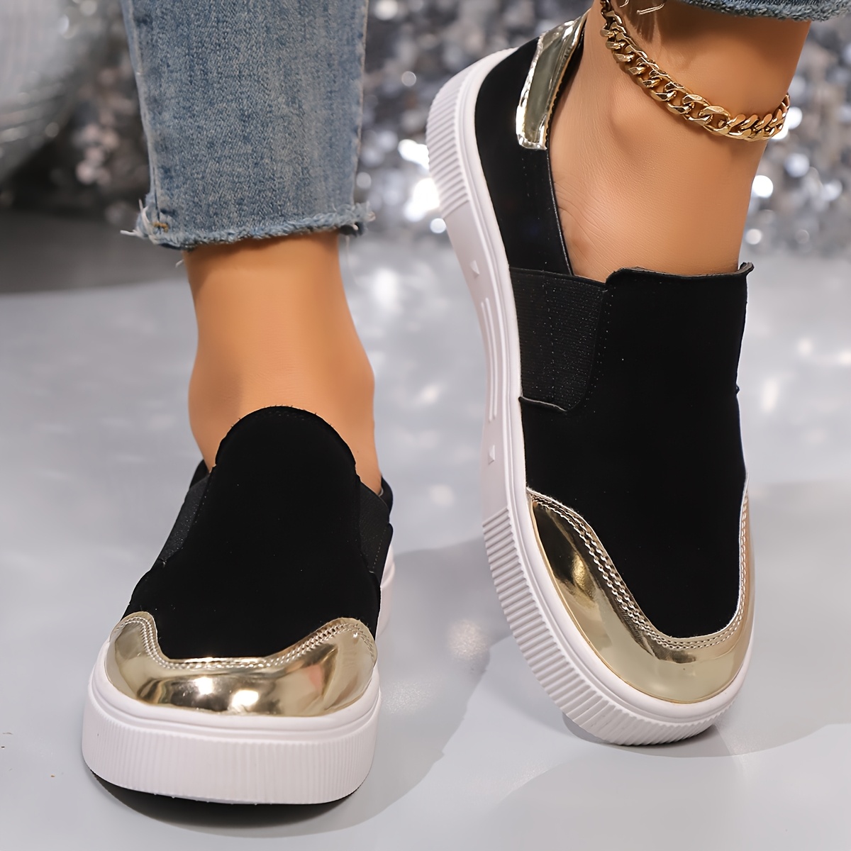 women's plus size fashion sneakers black golden slip casual Temu