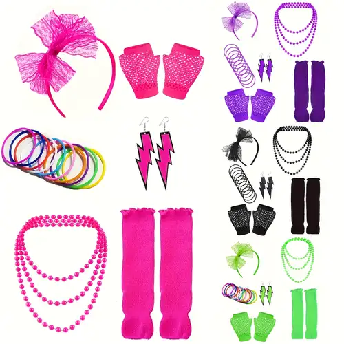 Kit de costume rétro des années 80 pour femme, bandeau rose en résille, gants, boucles d'oreilles, collier de perles, bracelets pour fête d'Halloween Kit de costume rétro des années 80 pour femme, bandeau rose en résille, gants, boucles d'oreilles, collier de perles, bracelets pour fête d'Halloween