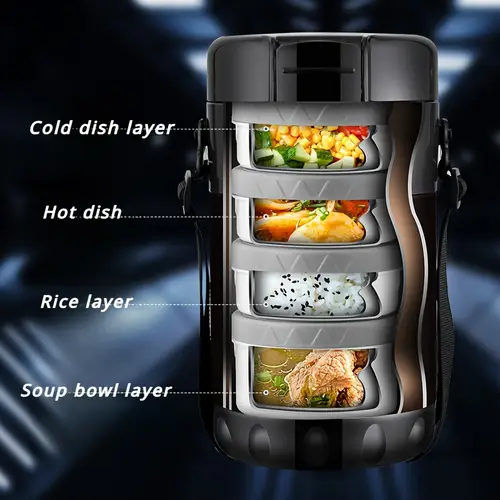 대용량 316 스테인리스 스틸 보온 도시락 상자 - 다층, 진공 밀봉 및 안전한 검은색 스트랩, 야외 피크닉 및 학생용, 학생 식사 용기|다층 냄비|튼튼한 식품 운반용기
