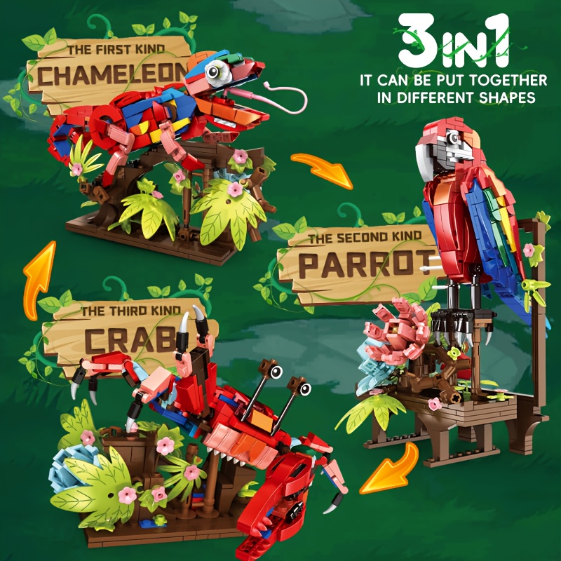 Building Block Set Parrot Chameleon Hermit Crab Animal World Assembly Model