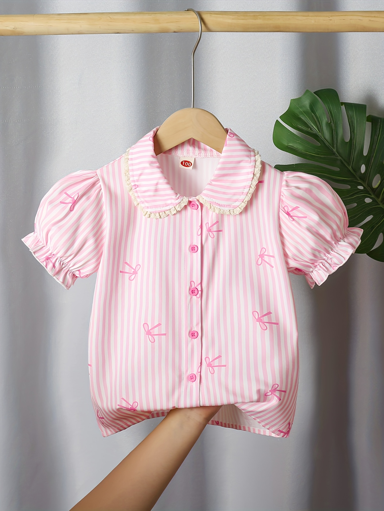 girls' white striped short sleeve blouse puff Temu Bahrain