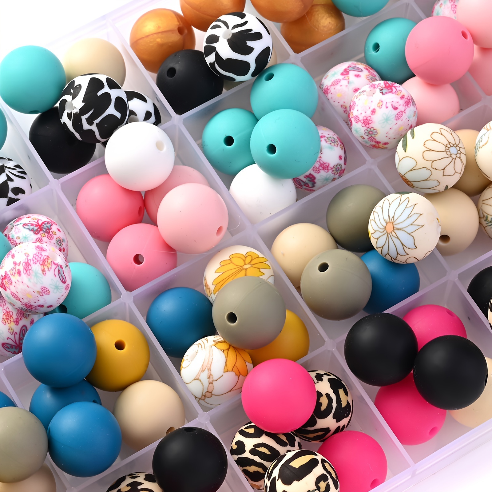 

50pcs 15mm Silicone Beads Round Spacer Floral Print Rubber Beads For Making Keychain Bracelet Necklace Diy Pen Bag Pendant Supplies