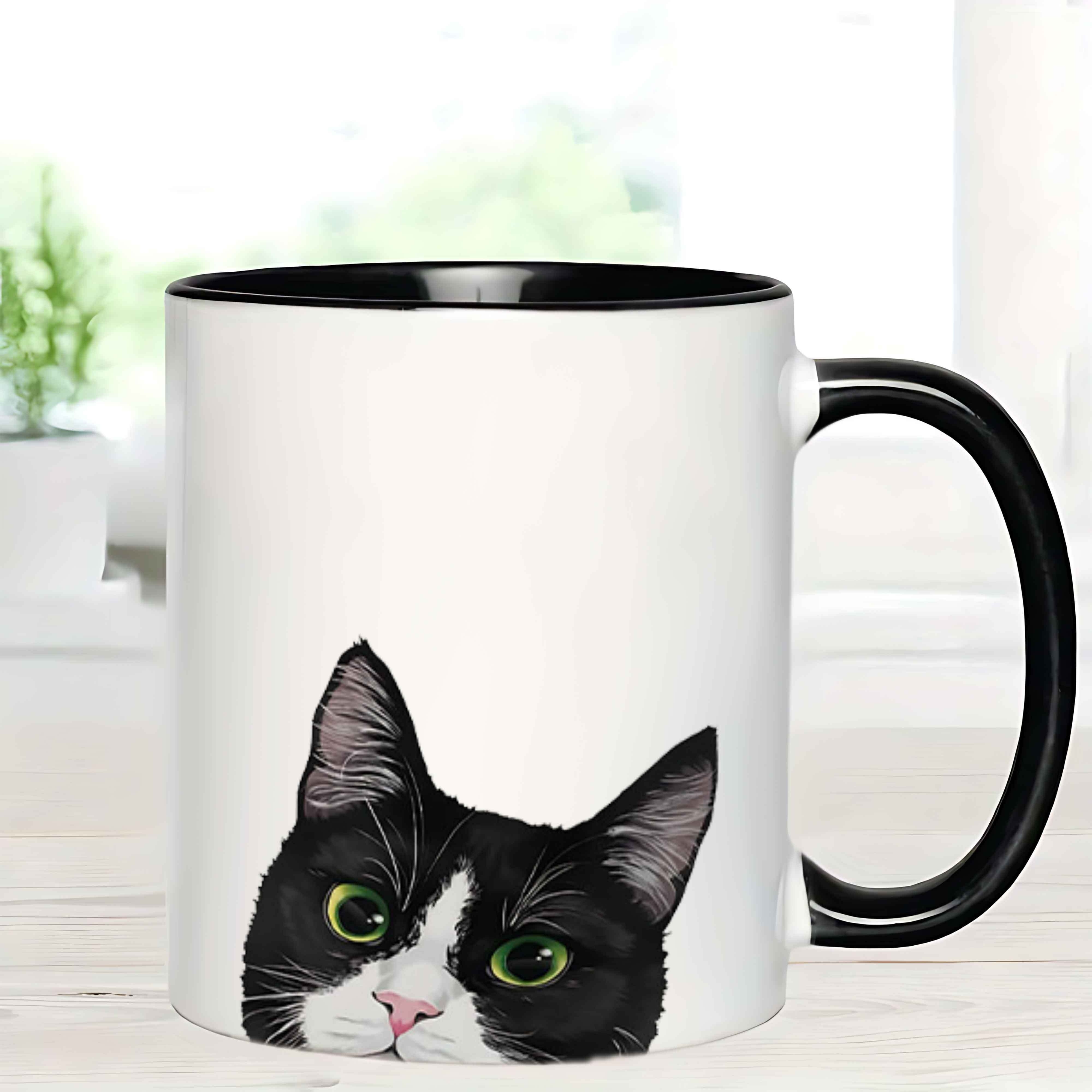 TEMU 11oz Tuxedo Cat Ceramic Coffee Mug – Black & White Kitten Design With , Hand Wash Only, Reusable Tea Cup For Use, Coffee Cup